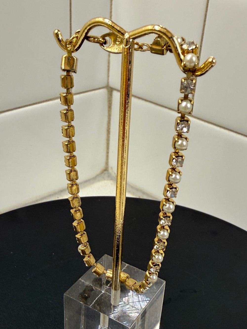 Avon Gold-Tone Bracelet with Pearls and Clear Stones